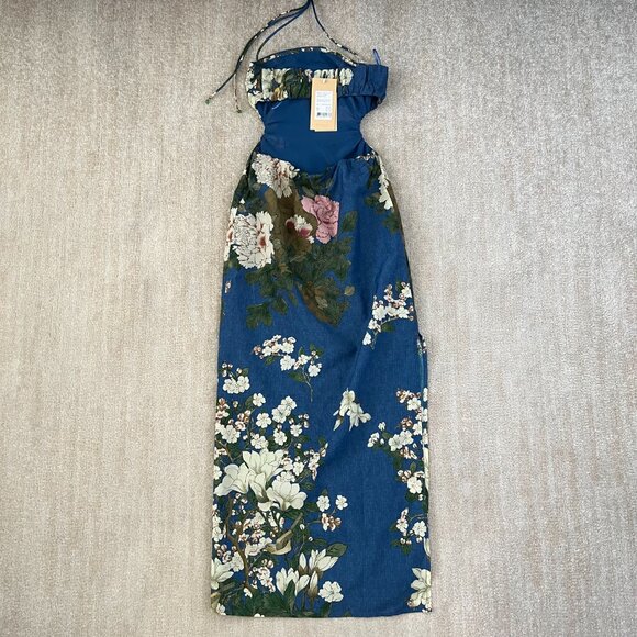 NWT Pheme Paris Floral Halter Silk Cotton Resort Cocktail Maxi Dress XS Blue - Picture 4 of 10
